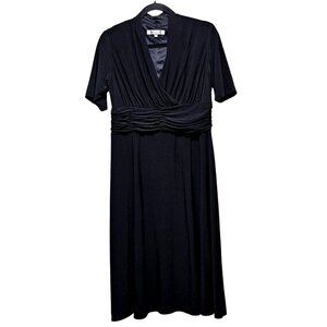 Evan Picone Black Knee-Length Dress With Rushed Waist Detail, Short Sleeves & V-